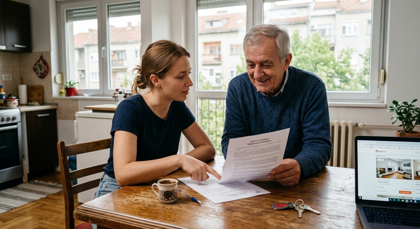 Two people discussing the rental details.